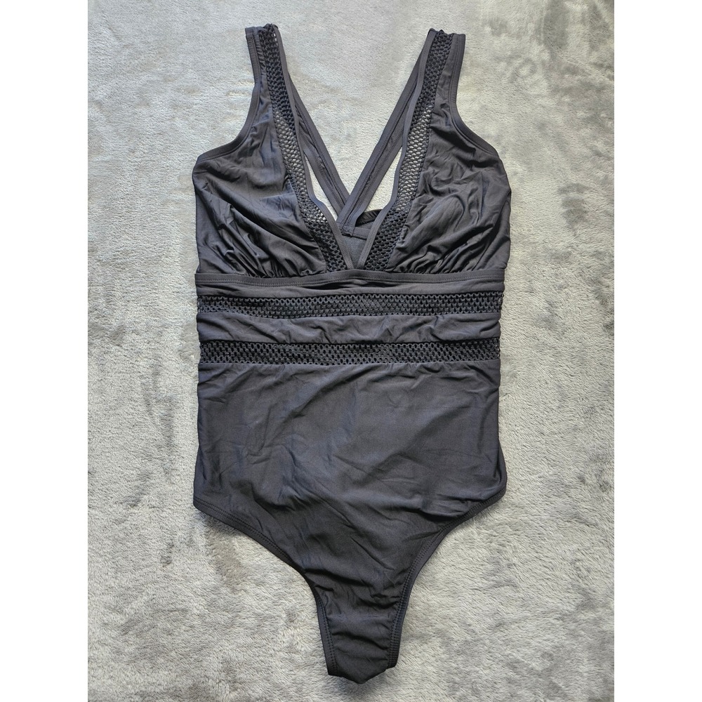 Freshwater Black Crochet Mesh Plunge One Piece Swimsuit Plus Size 2X Cross Back